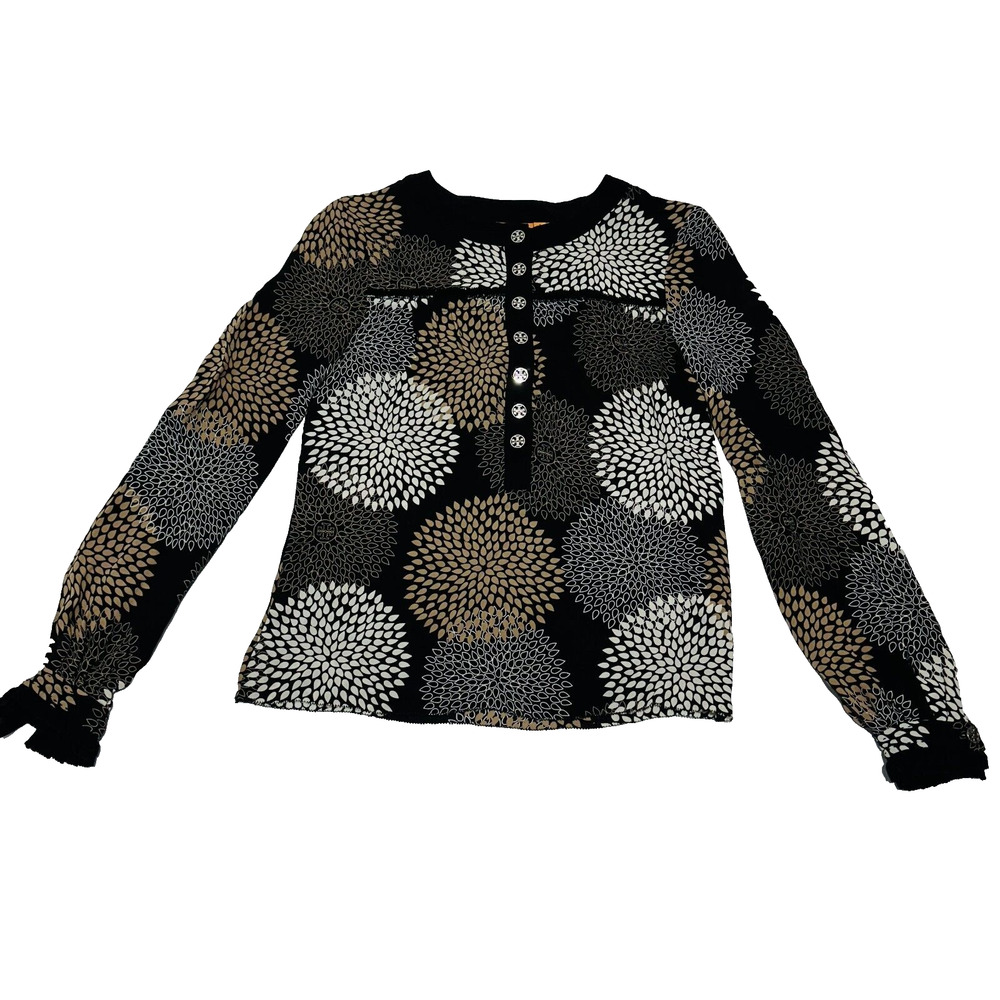 Tory Burch Blouse Top Size 2 Black Multi Floral 100% Silk Balloon Sleeve